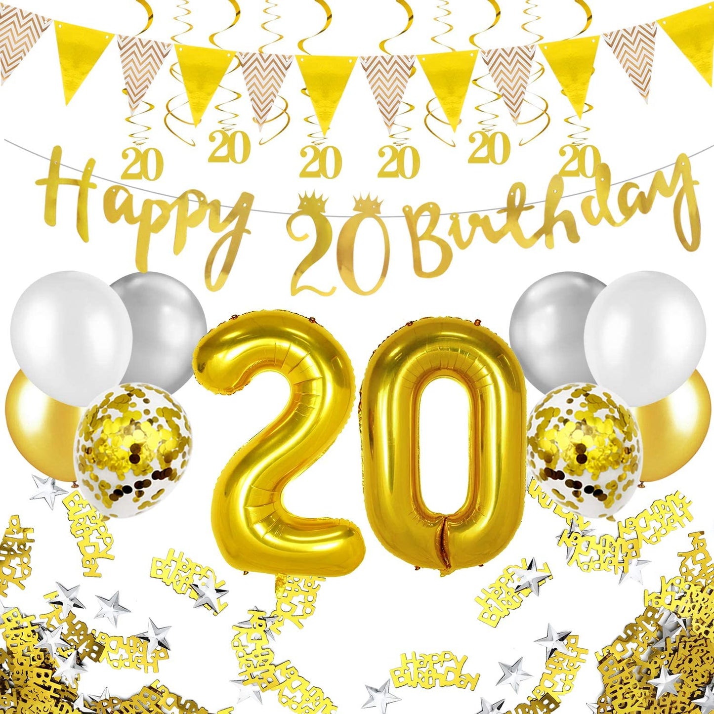 Humairc 20th Gold White Birthday Decorations, 20th Happy Birthday Banner Triangle Flag Banners 6pcs Nunber Hanging Swirl, Number 20 Balloons 8pcs Latex Balloons Table Confetti - Man Woman Boys