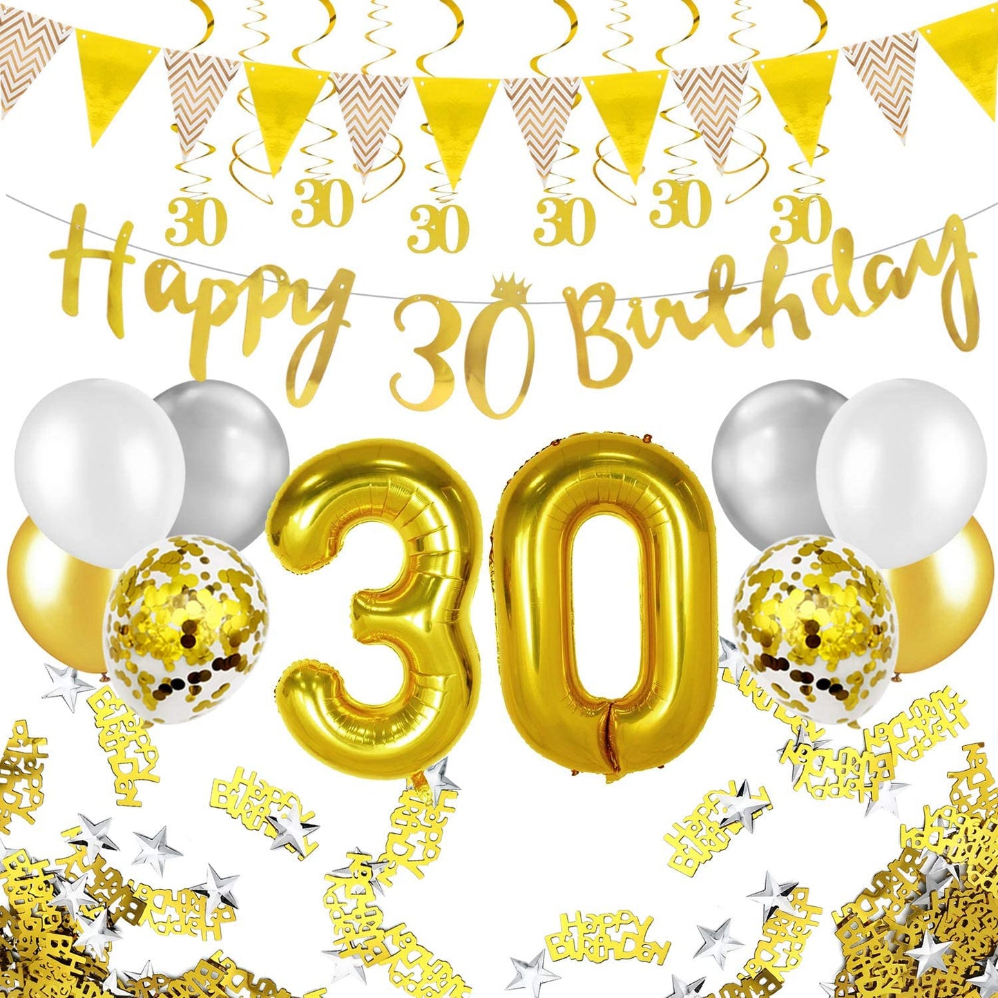 Humairc 30th Gold White Birthday Decorations, 30th Happy Birthday Banner Triangle Flag Banners 6pcs Nunber Hanging Swirl, Number 30 Balloons 8pcs Latex Confetti Balloons Table Confetti-Man Lady