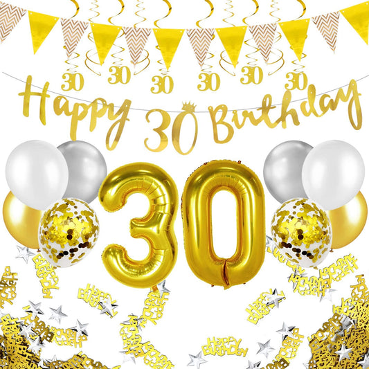 Humairc 30th Gold White Birthday Decorations, 30th Happy Birthday Banner Triangle Flag Banners 6pcs Nunber Hanging Swirl, Number 30 Balloons 8pcs Latex Confetti Balloons Table Confetti-Man Lady