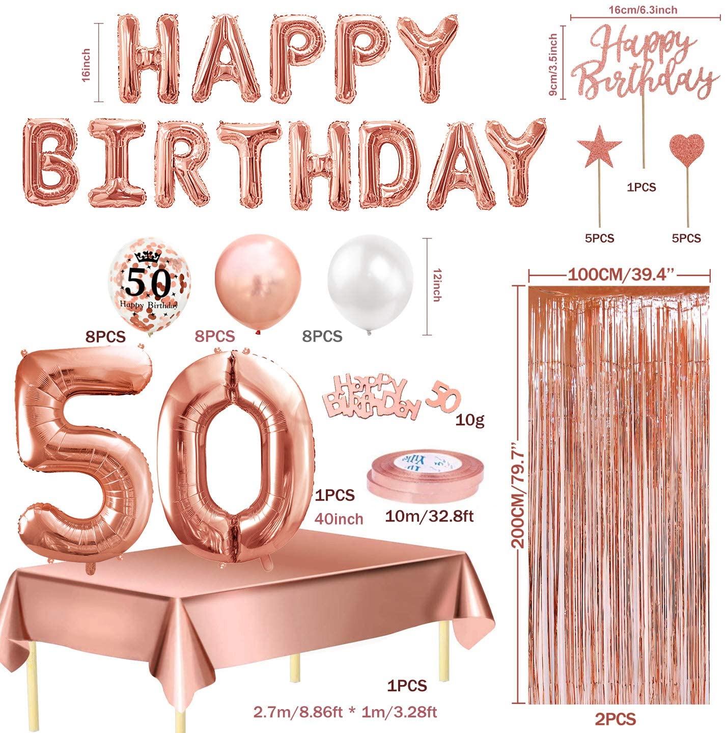 Humairc 50th Rose Gold Birthday Party Decoration for Girls Happy Birthday Banner Number 50 40inch 2 Fringe Curtain Foil Tablecloth Confetti Balloon Cake Topper Table Confetti Anniversary
