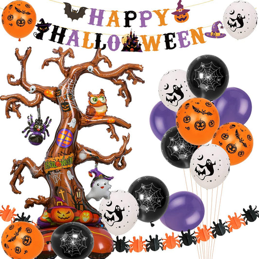 Humairc Halloween Decorations Party Decorations Halloween Balloons 2 Banner, Oversized 1 Tree with Ghost Spider Owl Pumpkin Elements for Halloween Party Decorations Halloween Decorations Outdoor