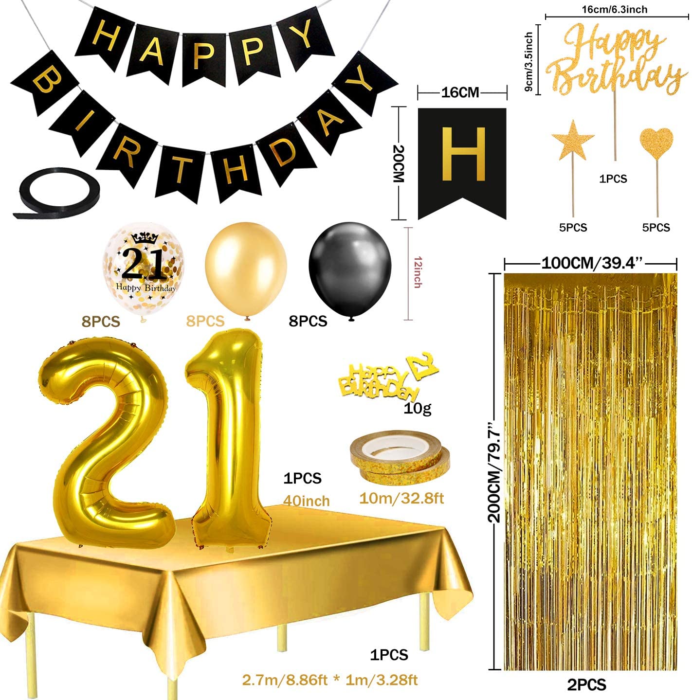 Humairc 21st Black Gold Birthday Party Decoration Happy Birthday Banner Balloon 21 40inch 2 Fringe Curtain Foil Tablecloth Confetti Balloon Cake Topper Table Confetti Kids Adult Man Woman