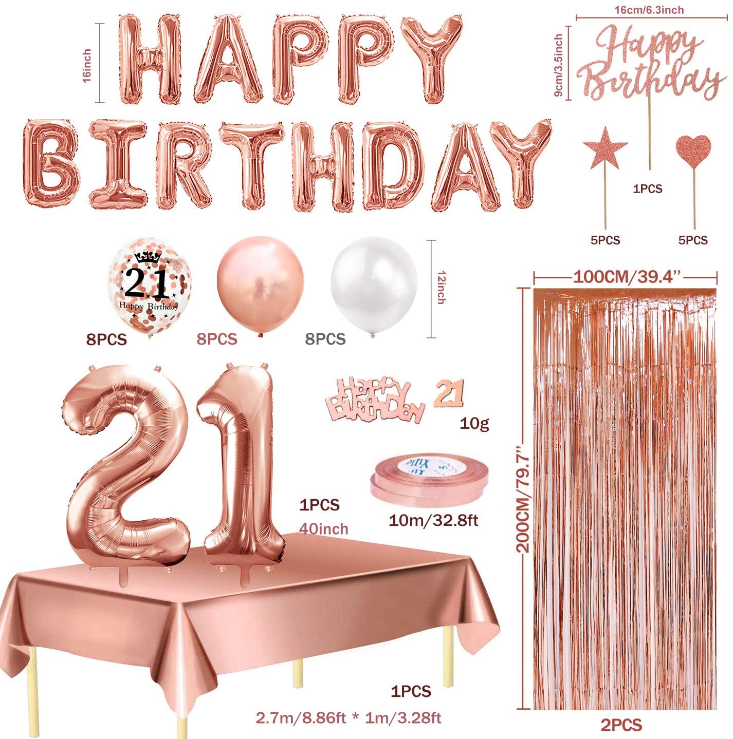 Humairc 21st Rose Gold Birthday Party Decoration for Girls Happy Birthday Banner Number 18 40inch 2 Fringe Curtain Foil Tablecloth Confetti Balloon Cake Topper Table Confetti Anniversary