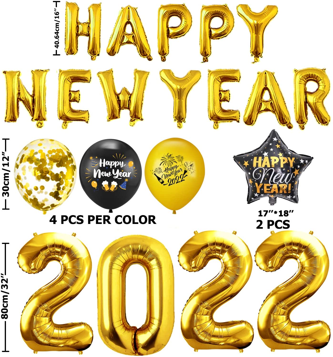 Humairc 2022 Happy New Year Balloon Decoration Black Gold, Gold HAPPY NEW YEAR banner Balloons, Huge Gold 2022 Balloon Star Confetti Balloon for Adult Kids