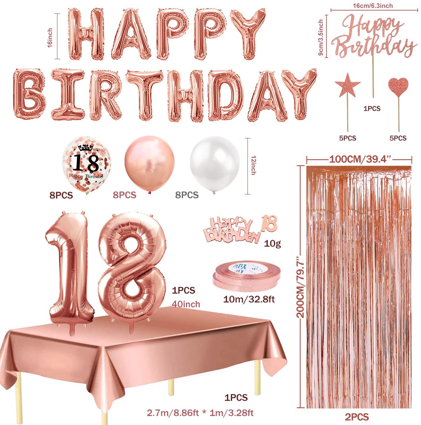 Humairc 18th Rose Gold Birthday Party Decoration for Girls Happy Birthday Banner Number 18 40inch 2 Fringe Curtain Foil Tablecloth Confetti Balloon Cake Topper Table Confetti Anniversary