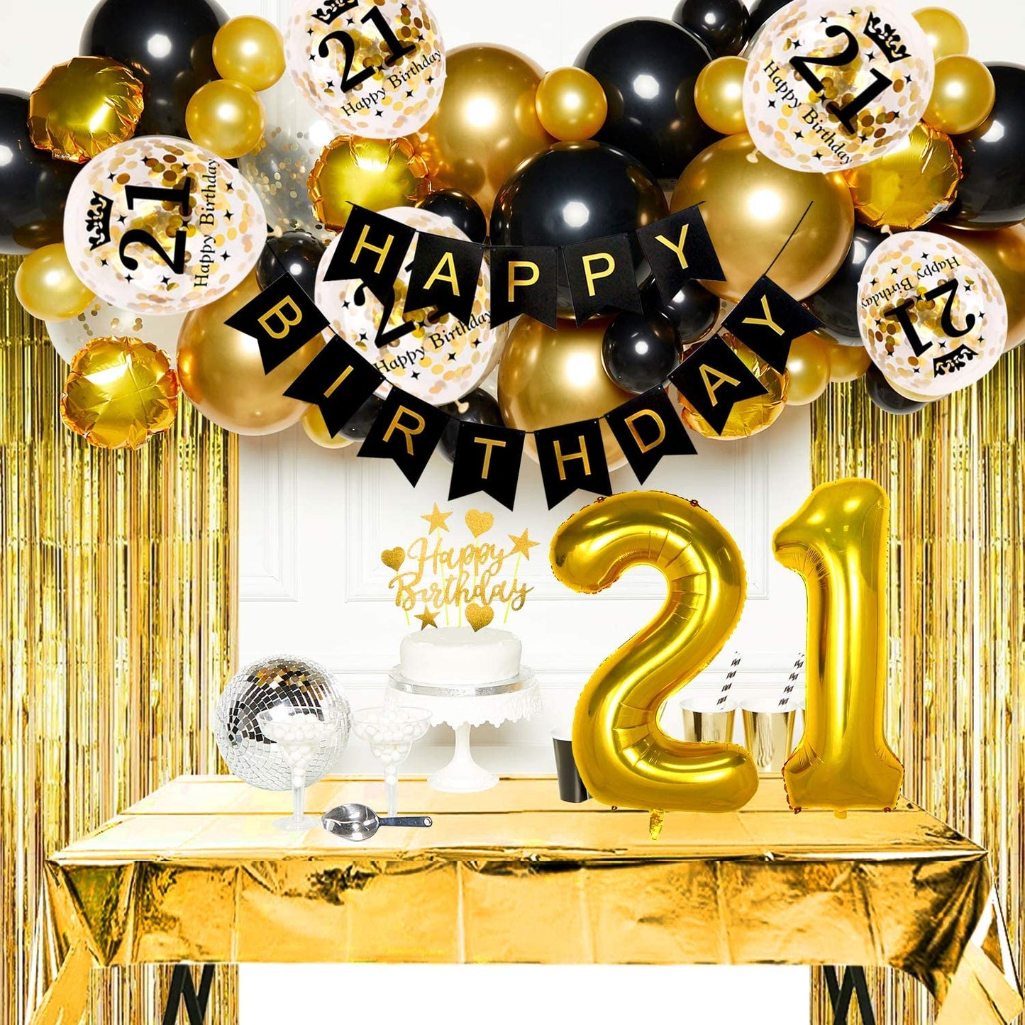 Humairc 21st Black Gold Birthday Party Decoration Happy Birthday Banner Balloon 21 40inch 2 Fringe Curtain Foil Tablecloth Confetti Balloon Cake Topper Table Confetti Kids Adult Man Woman