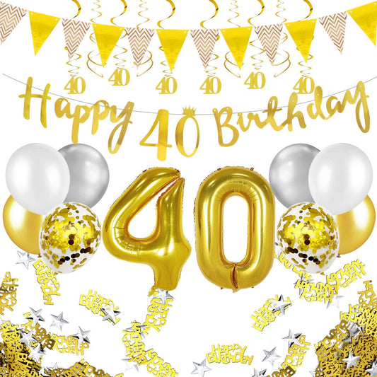 Humairc 40th Gold White Birthday Decorations, 40th Happy Birthday Banner Triangle Flag Banners 6pcs Nunber Hanging Swirl, Number 40 Balloons 8pcs Latex Confetti Balloons Table Confetti-Man Women