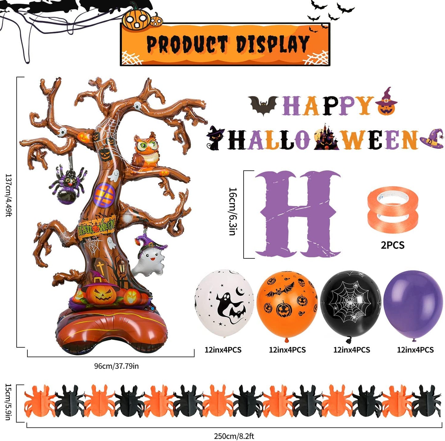 Humairc Halloween Decorations Party Decorations Halloween Balloons 2 Banner, Oversized 1 Tree with Ghost Spider Owl Pumpkin Elements for Halloween Party Decorations Halloween Decorations Outdoor