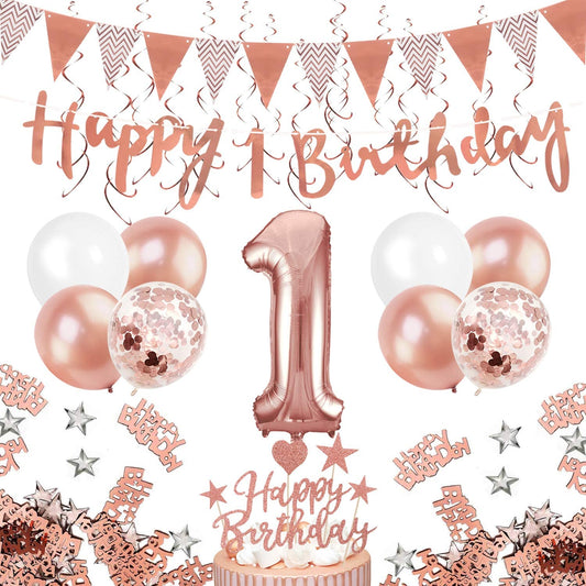 Humairc 1st Birthday Balloons Decorations for Girls, 1st Happy Birthday Banner Triangle Flag Hanging Swirl Cake Toppers Confetti - Baby Gilr First Birthday Baby Shower- Rose Gold