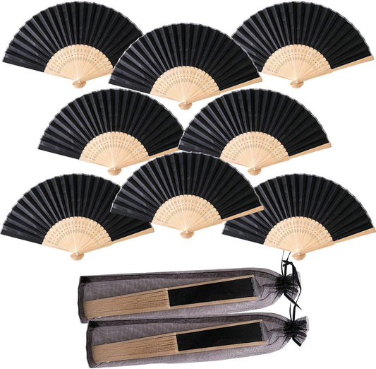 Humairc Black Wedding Fan 10pcs Cloth Folding Hand Held Fan and 10pcs Organza Bags Bamboo Chinese Fans for Church Wedding Gift Wall Decoration Party Favor DIY Wall Summer Party Guest Gifts