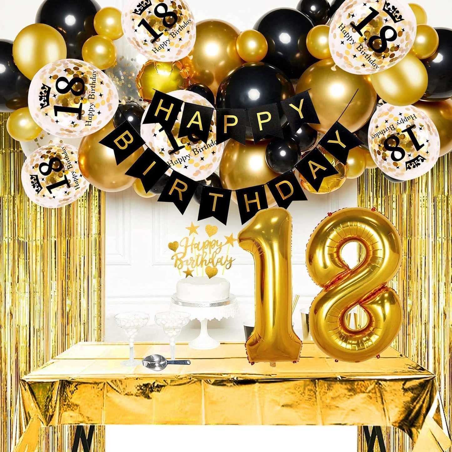 Humairc 18th Black Gold Birthday Party Decoration Happy Birthday Banner Number 18 40inch 2 Fringe Curtain Foil Tablecloth Confetti Balloon Cake Topper Table Confetti Kids Adult Man Woman