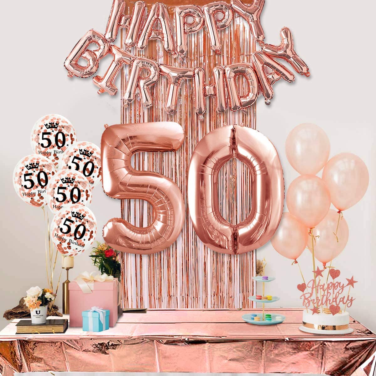 Humairc 50th Rose Gold Birthday Party Decoration for Girls Happy Birthday Banner Number 50 40inch 2 Fringe Curtain Foil Tablecloth Confetti Balloon Cake Topper Table Confetti Anniversary