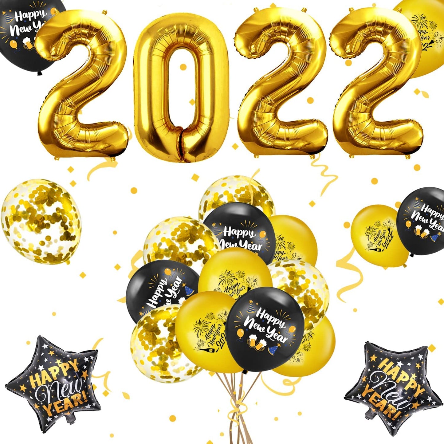 Humairc 2022 Happy New Year Balloon Decoration Black Gold, Gold HAPPY NEW YEAR banner Balloons, Huge Gold 2022 Balloon Star Confetti Balloon for Adult Kids