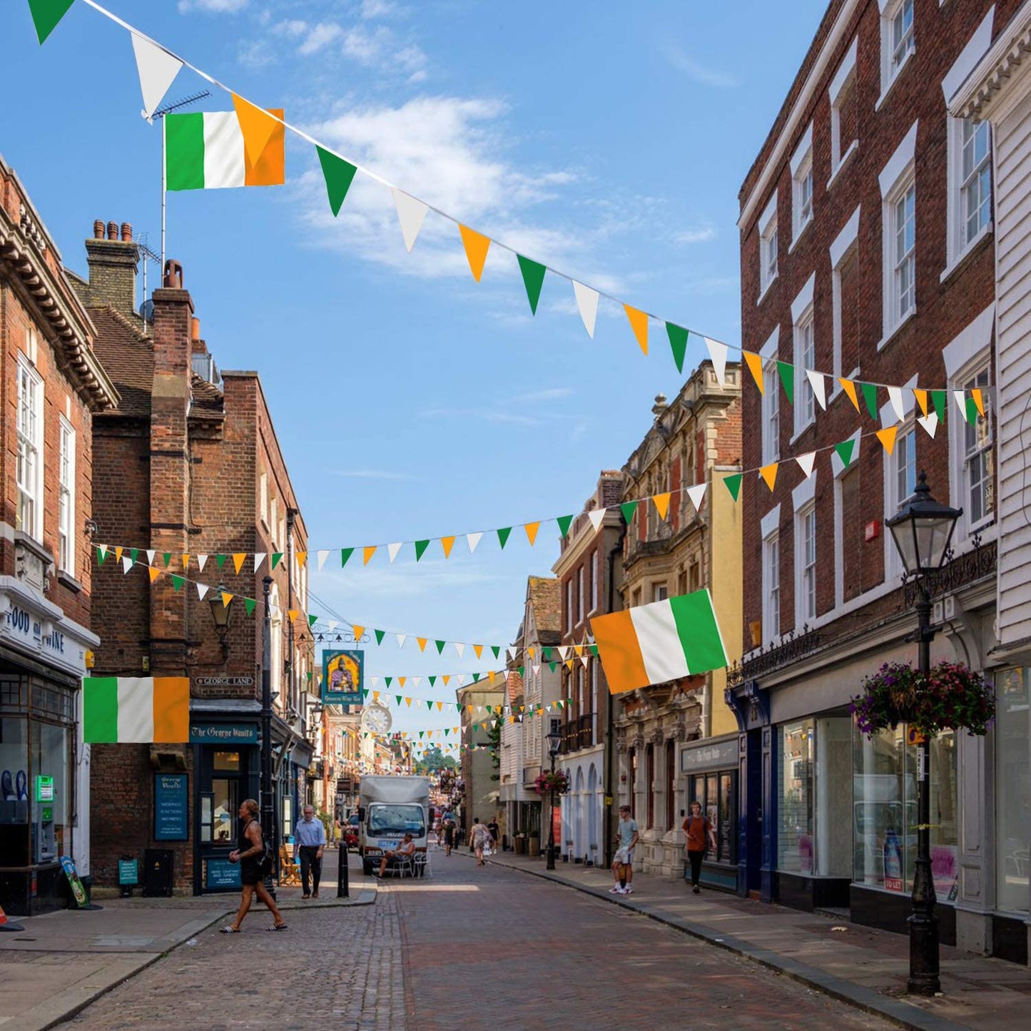 Humairc St Patricks Day Decorations, XL Irish Flag 150*90cm, Irish Pennant Bunting 7m Shamrock Garland 8pcs HandHeld Flag 15pcs Balloon for House School Restaurants Bars Party Accessories