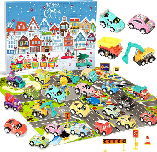 Humairc Cars Advent Calendar 2023 Kids, 24 Pull Back Vehicles as Construction Vehicles School Cars with Game Map - 24 Days of Countdown to Christmas Surprise Gifts for Son Grandson Children