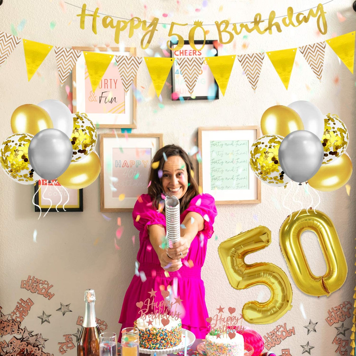 Humairc 50th Gold White Birthday Decorations, 50th Happy Birthday Banner Triangle Flag Banners 6pcs Nunber Hanging Swirl, Number 50 Balloons 8pcs Latex Confetti Balloons Table Confetti-Man Lady