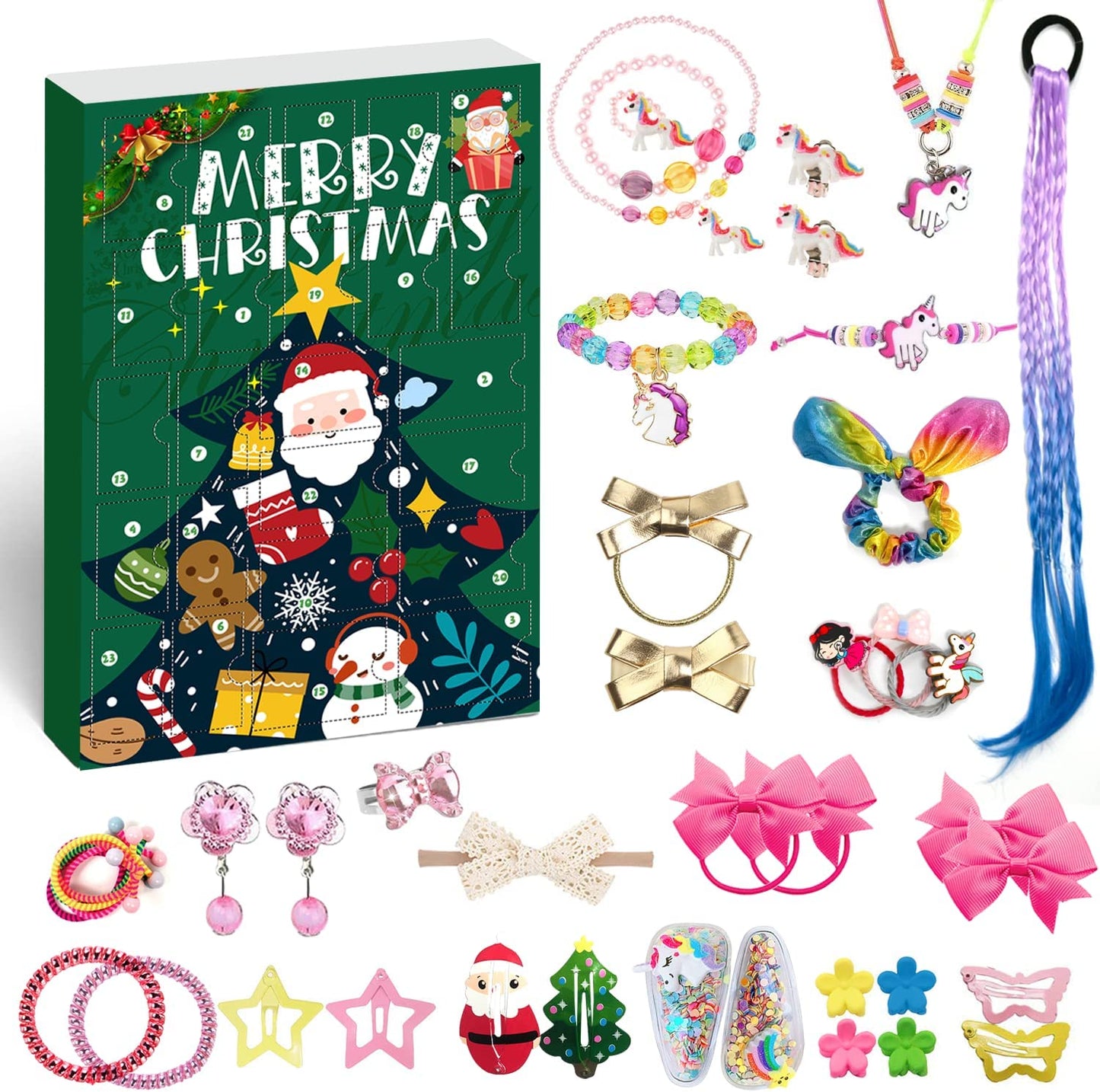 Humairc 2022 Advent Calendar Jewelry Calendar, Hair Accessories Girls Kids 24 Christmas Calendar Stuffing Gifts, Hair Clips Hairband Bow Tie Rope, Bracelet Necklace Countdown Calendar