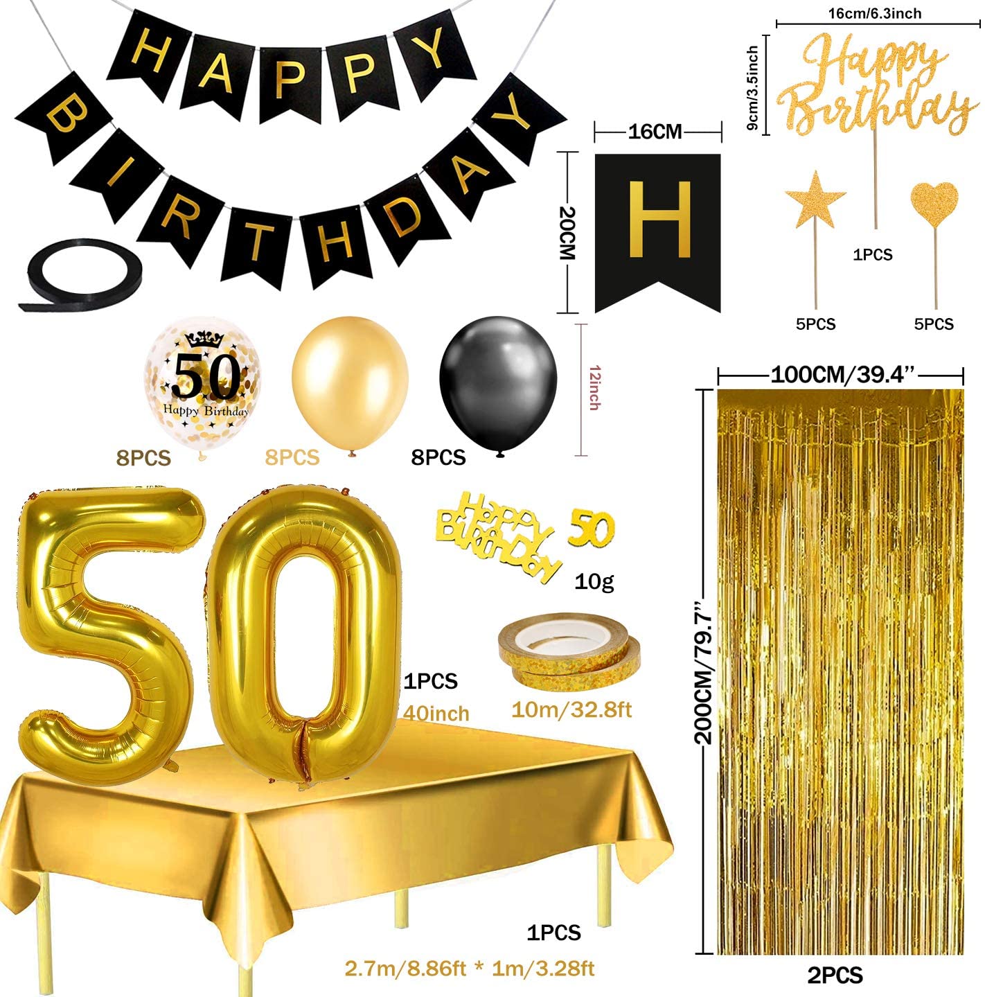 Humairc 50th Black Gold Birthday Party Decoration Happy Birthday Banner Balloon 50 40inch 2 Fringe Curtain Foil Tablecloth Confetti Balloon Cake Topper Table Confetti Kids Adult Man Woman