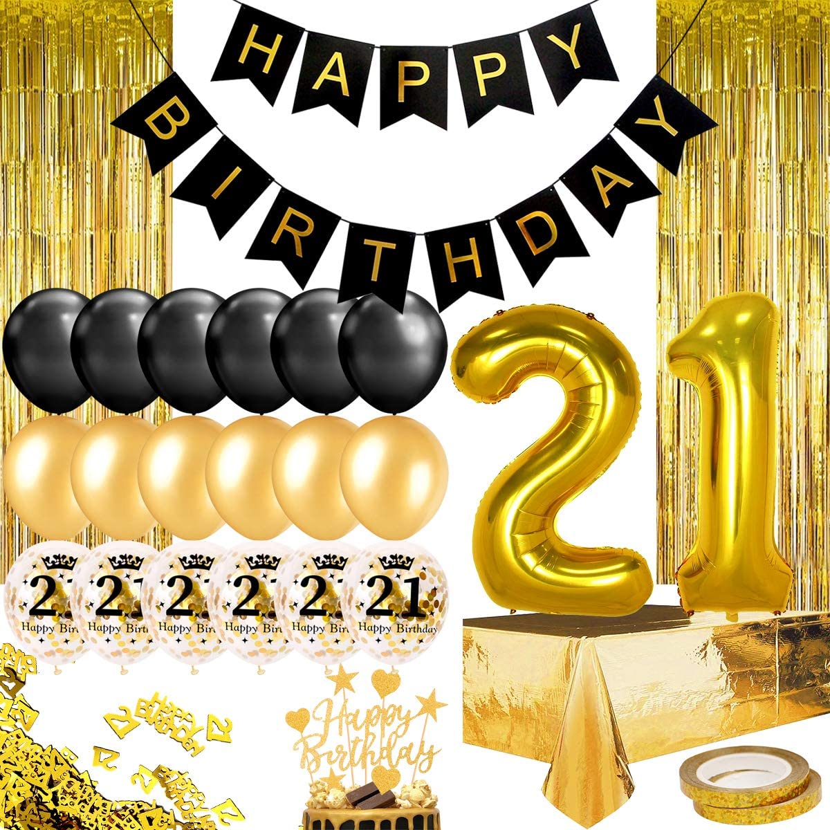 Humairc 21st Black Gold Birthday Party Decoration Happy Birthday Banner Balloon 21 40inch 2 Fringe Curtain Foil Tablecloth Confetti Balloon Cake Topper Table Confetti Kids Adult Man Woman