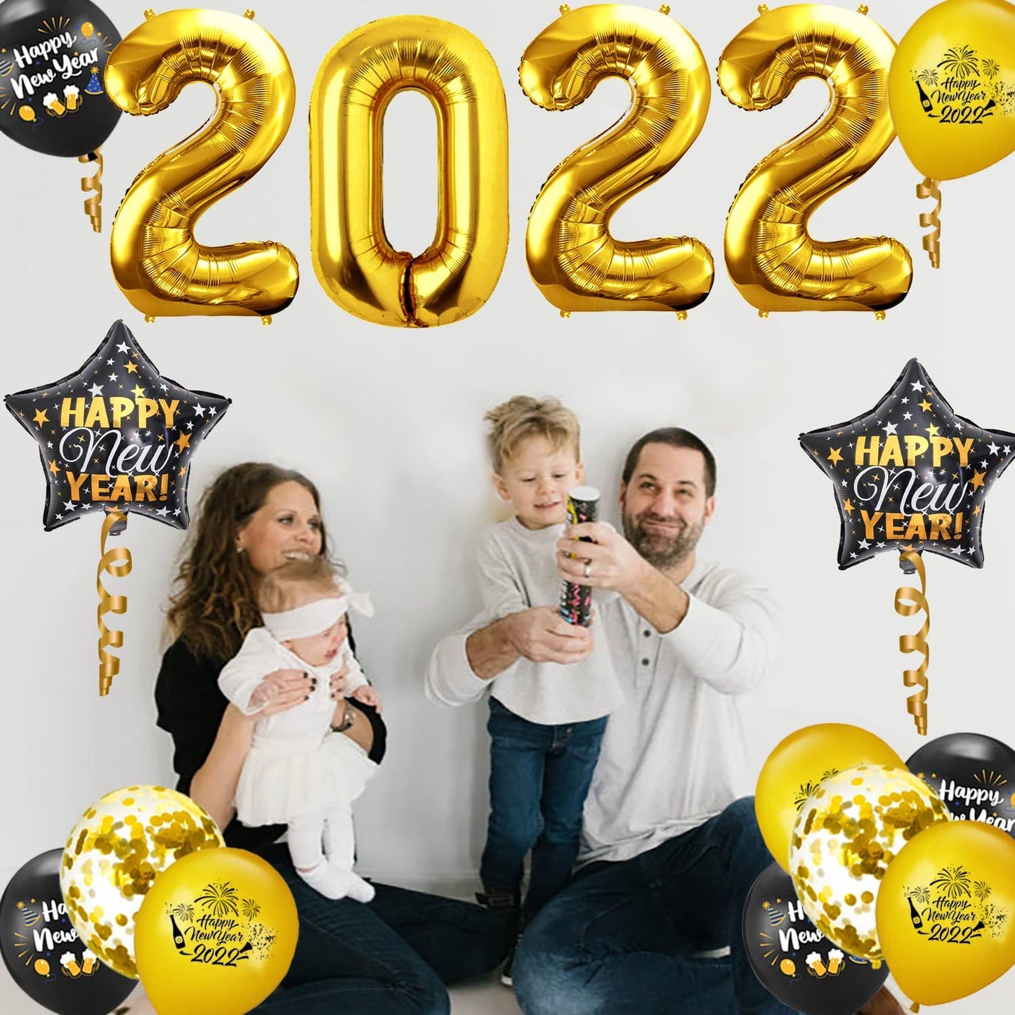 Humairc 2022 Happy New Year Balloon Decoration Black Gold, Gold HAPPY NEW YEAR banner Balloons, Huge Gold 2022 Balloon Star Confetti Balloon for Adult Kids