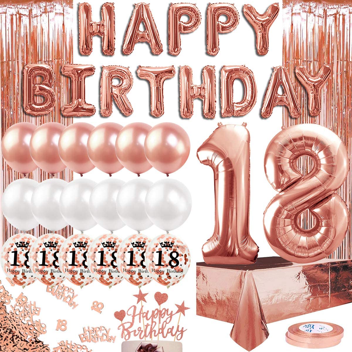 Humairc 18th Rose Gold Birthday Party Decoration for Girls Happy Birthday Banner Number 18 40inch 2 Fringe Curtain Foil Tablecloth Confetti Balloon Cake Topper Table Confetti Anniversary