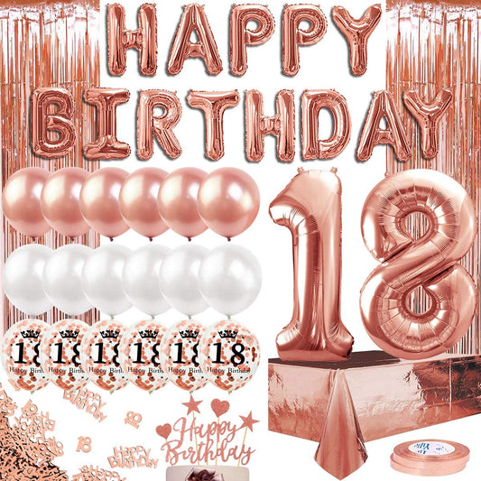 Humairc 18th Rose Gold Birthday Party Decoration for Girls Happy Birthday Banner Number 18 40inch 2 Fringe Curtain Foil Tablecloth Confetti Balloon Cake Topper Table Confetti Anniversary