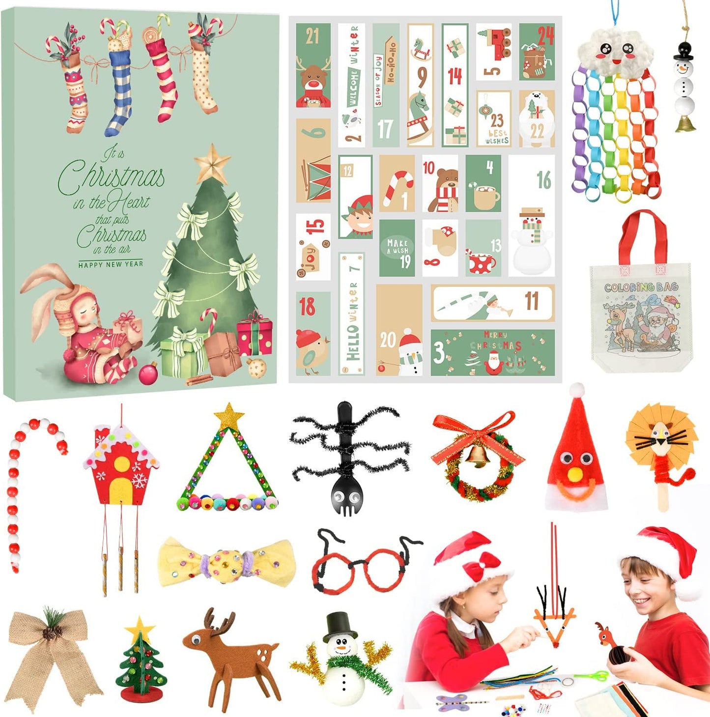 Humairc 2022 Advent Calendar Art Craft Toys for Kids 24 pcs Christmas DIY Craft Gift, Art Craft Christmas Tree Decorations Snowman Candy, Art Craft Decor Christmas Gifts for Boys Children Girls