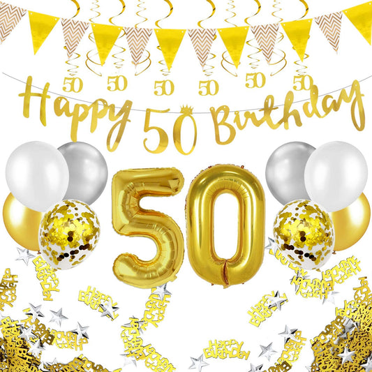 Humairc 50th Gold White Birthday Decorations, 50th Happy Birthday Banner Triangle Flag Banners 6pcs Nunber Hanging Swirl, Number 50 Balloons 8pcs Latex Confetti Balloons Table Confetti-Man Lady