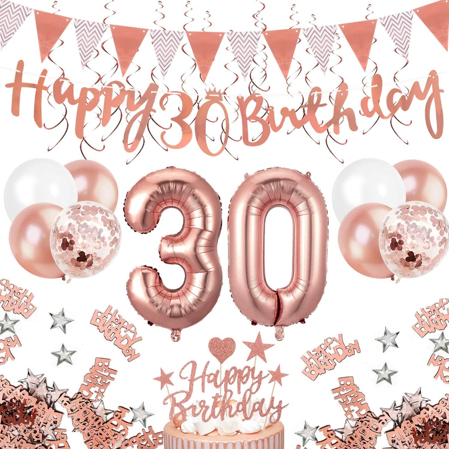 Humairc 30th Rose Gold Birthday Decorations, 30th Happy Birthday Banner Triangle Flag Banners 6pcs Hanging Swirl, Number 30 Balloons 8pcs Latex Balloons Cake Toppers Table Confetti for Women