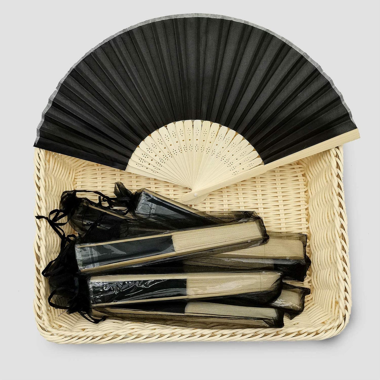 Humairc Black Wedding Fan 10pcs Cloth Folding Hand Held Fan and 10pcs Organza Bags Bamboo Chinese Fans for Church Wedding Gift Wall Decoration Party Favor DIY Wall Summer Party Guest Gifts