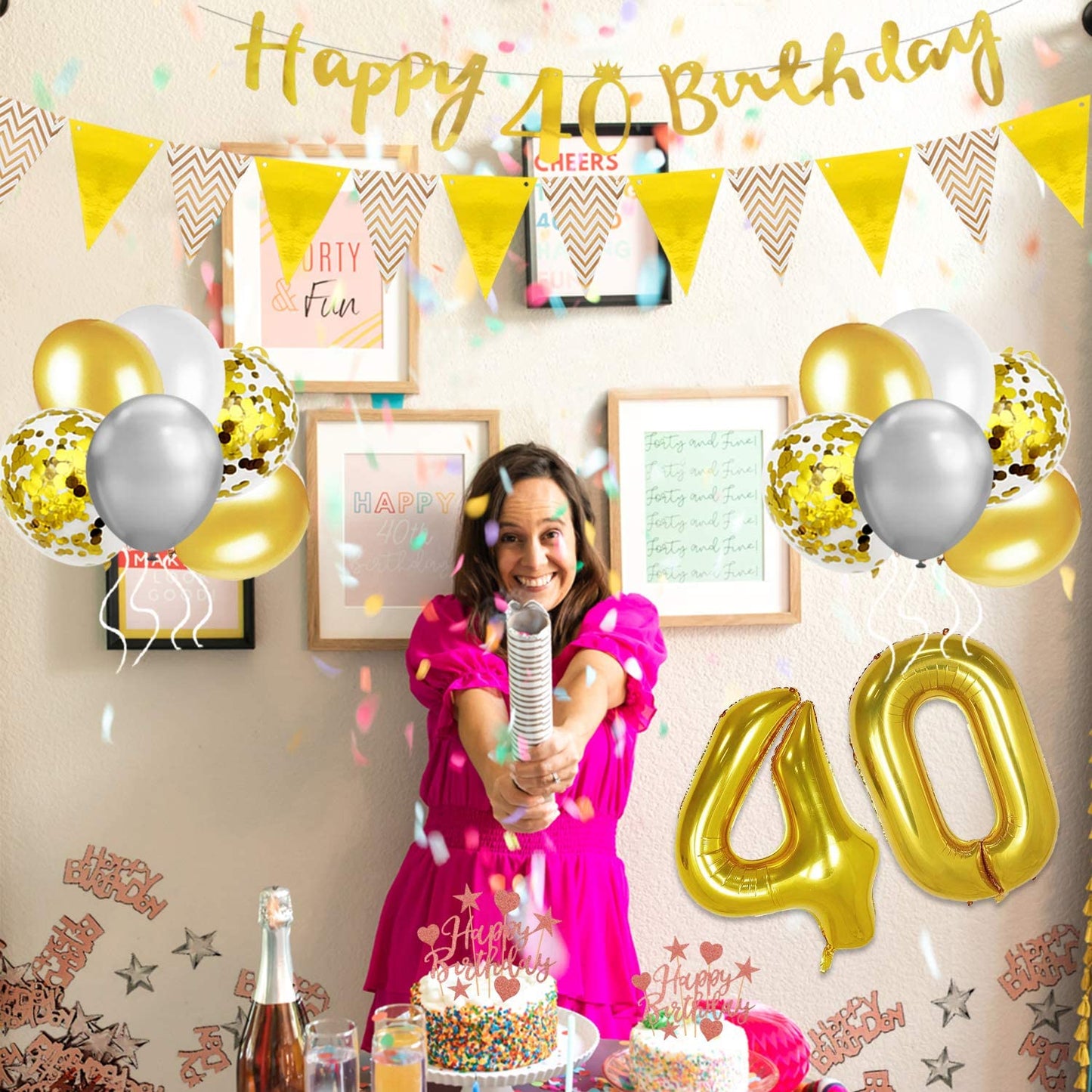 Humairc 40th Gold White Birthday Decorations, 40th Happy Birthday Banner Triangle Flag Banners 6pcs Nunber Hanging Swirl, Number 40 Balloons 8pcs Latex Confetti Balloons Table Confetti-Man Women