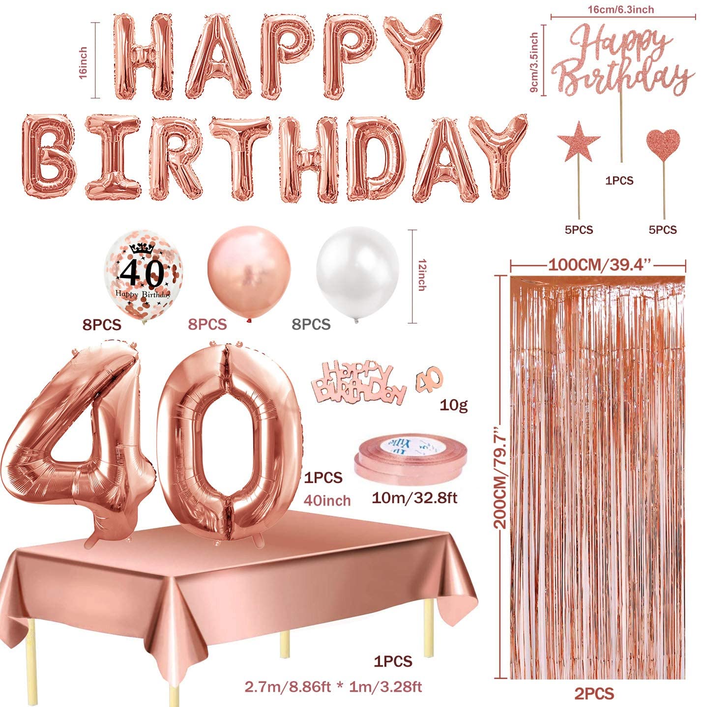 Humairc 40th Rose Gold Birthday Party Decoration for Girls Happy Birthday Banner Balloon 40 40inch 2 Fringe Curtain Foil Tablecloth Confetti Balloon Cake Topper Table Confetti Anniversary