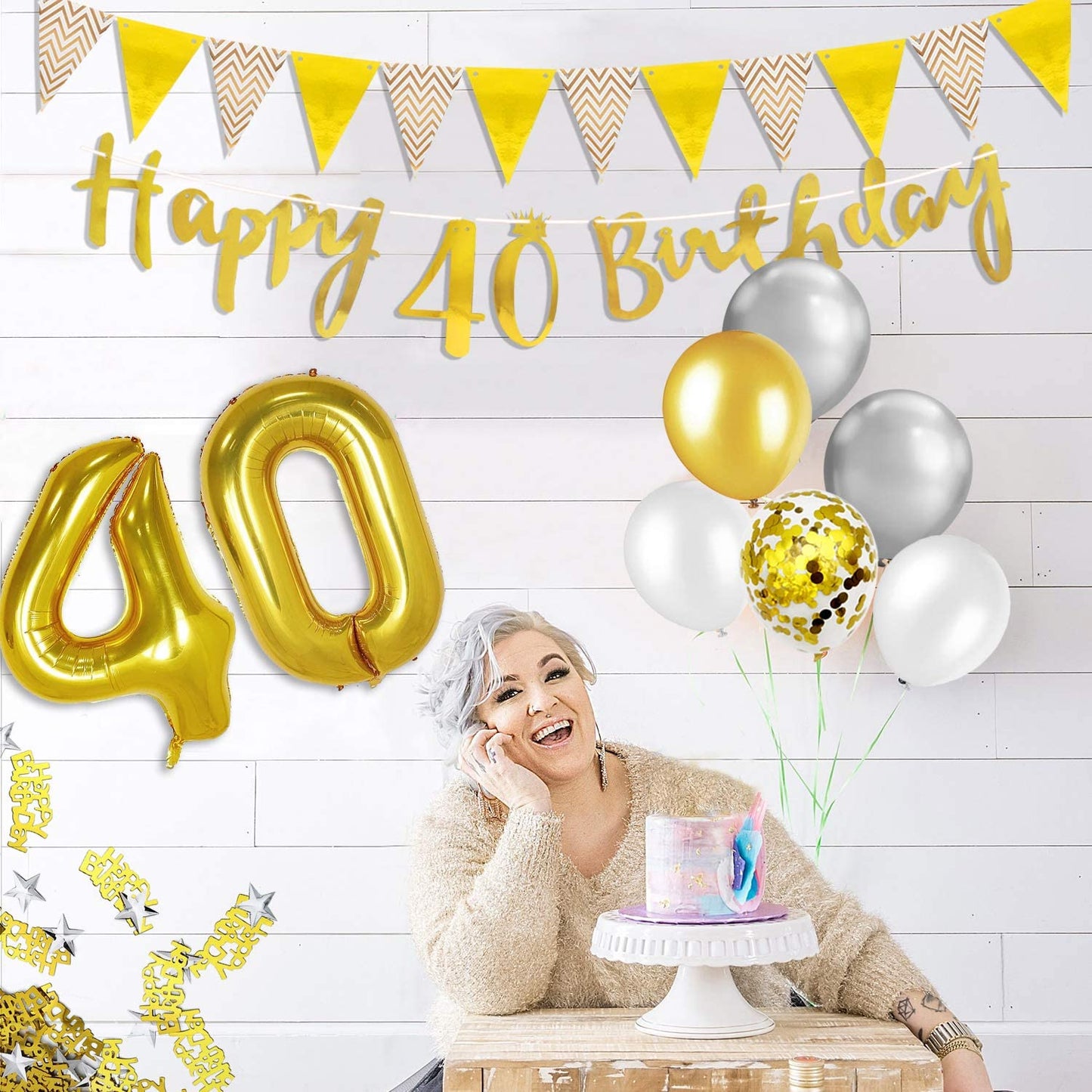 Humairc 40th Gold White Birthday Decorations, 40th Happy Birthday Banner Triangle Flag Banners 6pcs Nunber Hanging Swirl, Number 40 Balloons 8pcs Latex Confetti Balloons Table Confetti-Man Women