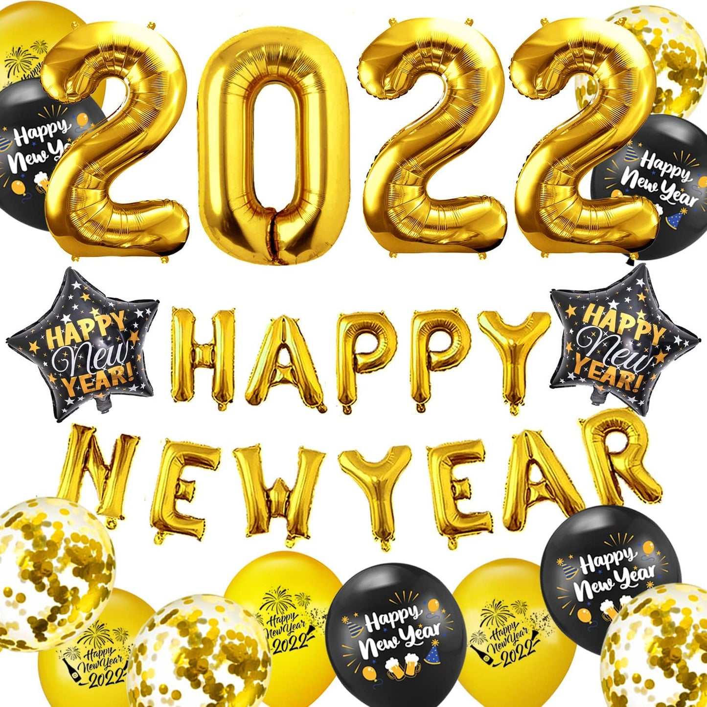 Humairc 2022 Happy New Year Balloon Decoration Black Gold, Gold HAPPY NEW YEAR banner Balloons, Huge Gold 2022 Balloon Star Confetti Balloon for Adult Kids