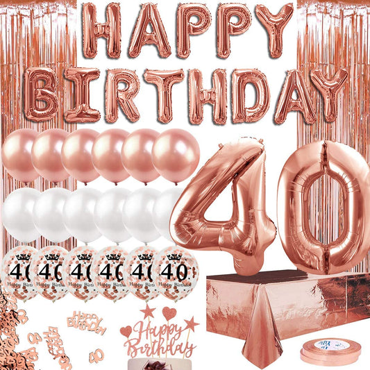 Humairc 40th Rose Gold Birthday Party Decoration for Girls Happy Birthday Banner Balloon 40 40inch 2 Fringe Curtain Foil Tablecloth Confetti Balloon Cake Topper Table Confetti Anniversary