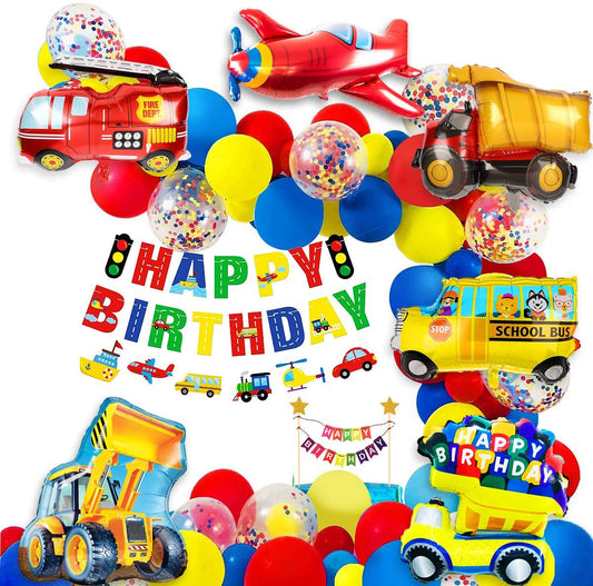 Humairc Boys Birthday Decoration Car Transport Balloon Happy Birthday Banner Construction Vehicle School Bus Fire Truck Plane Cake Topper for Kids Transport Themed Party