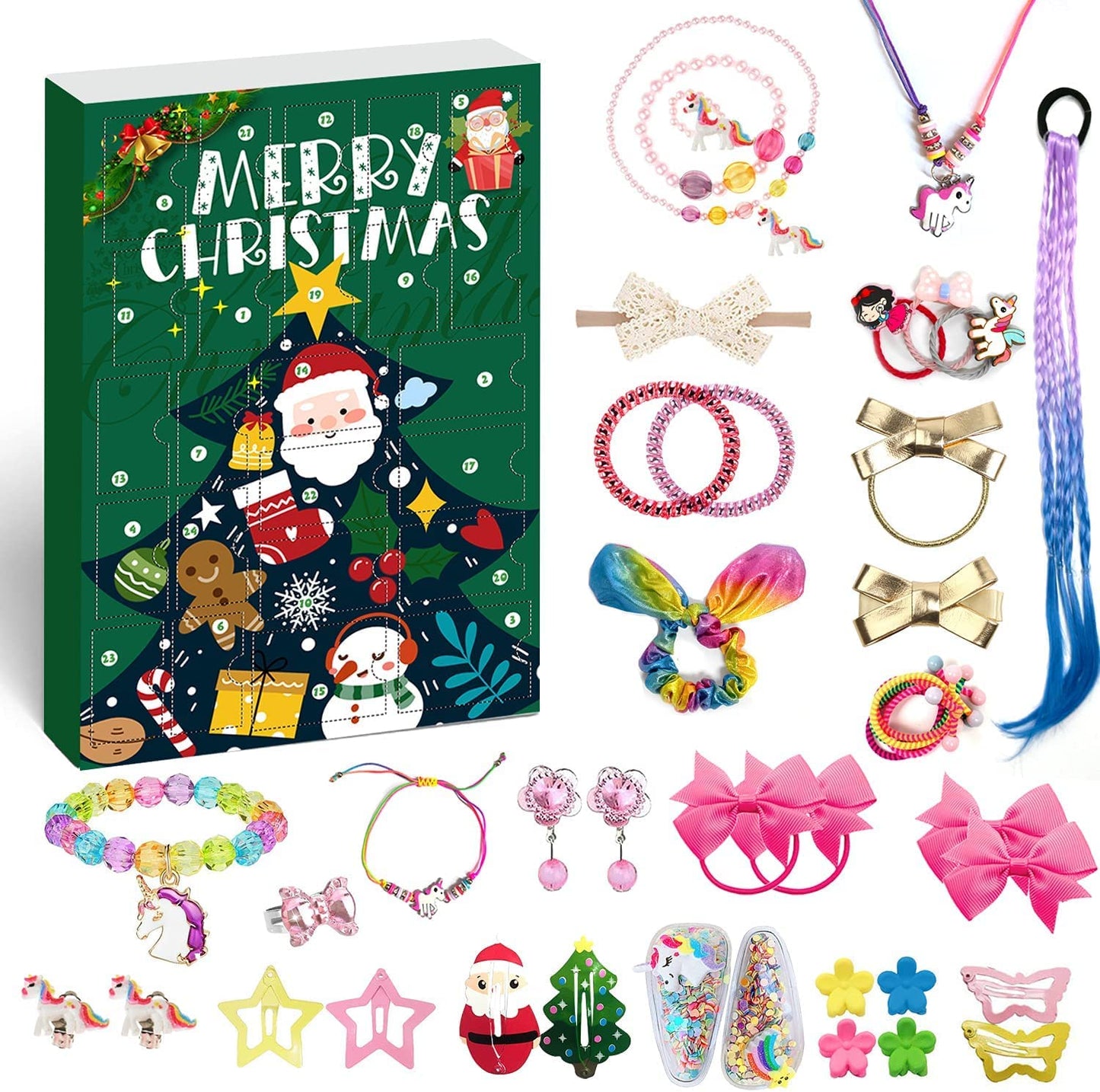 Humairc 2022 Advent Calendar Jewelry Calendar, Hair Accessories Girls Kids 24 Christmas Calendar Stuffing Gifts, Hair Clips Hairband Bow Tie Rope, Bracelet Necklace Countdown Calendar