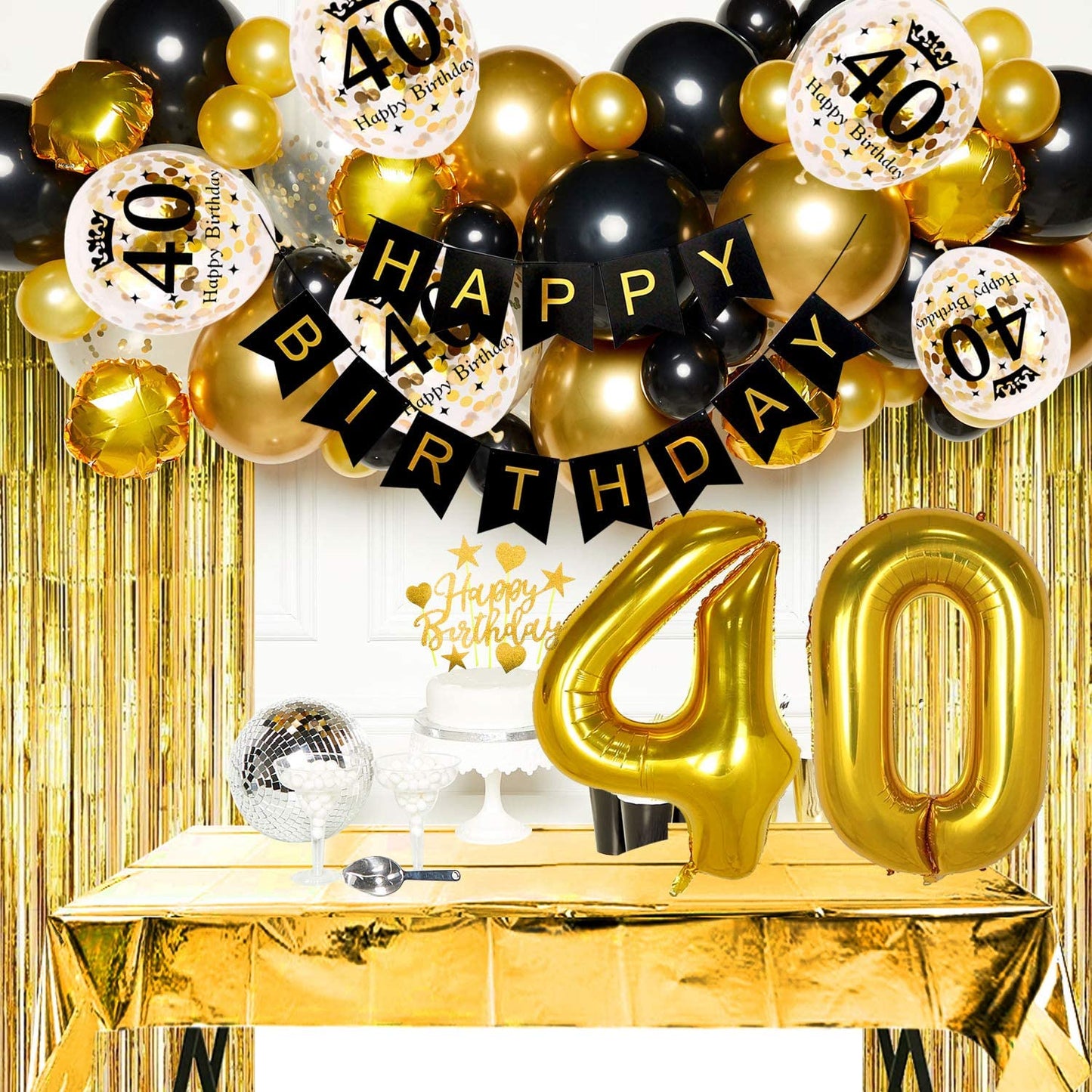 Humairc 40th Black Gold Birthday Party Decoration Happy Birthday Banner Balloon 40 40inch 2 Fringe Curtain Foil Tablecloth Confetti Balloon Cake Topper Table Confetti Kids Adult Man Woman