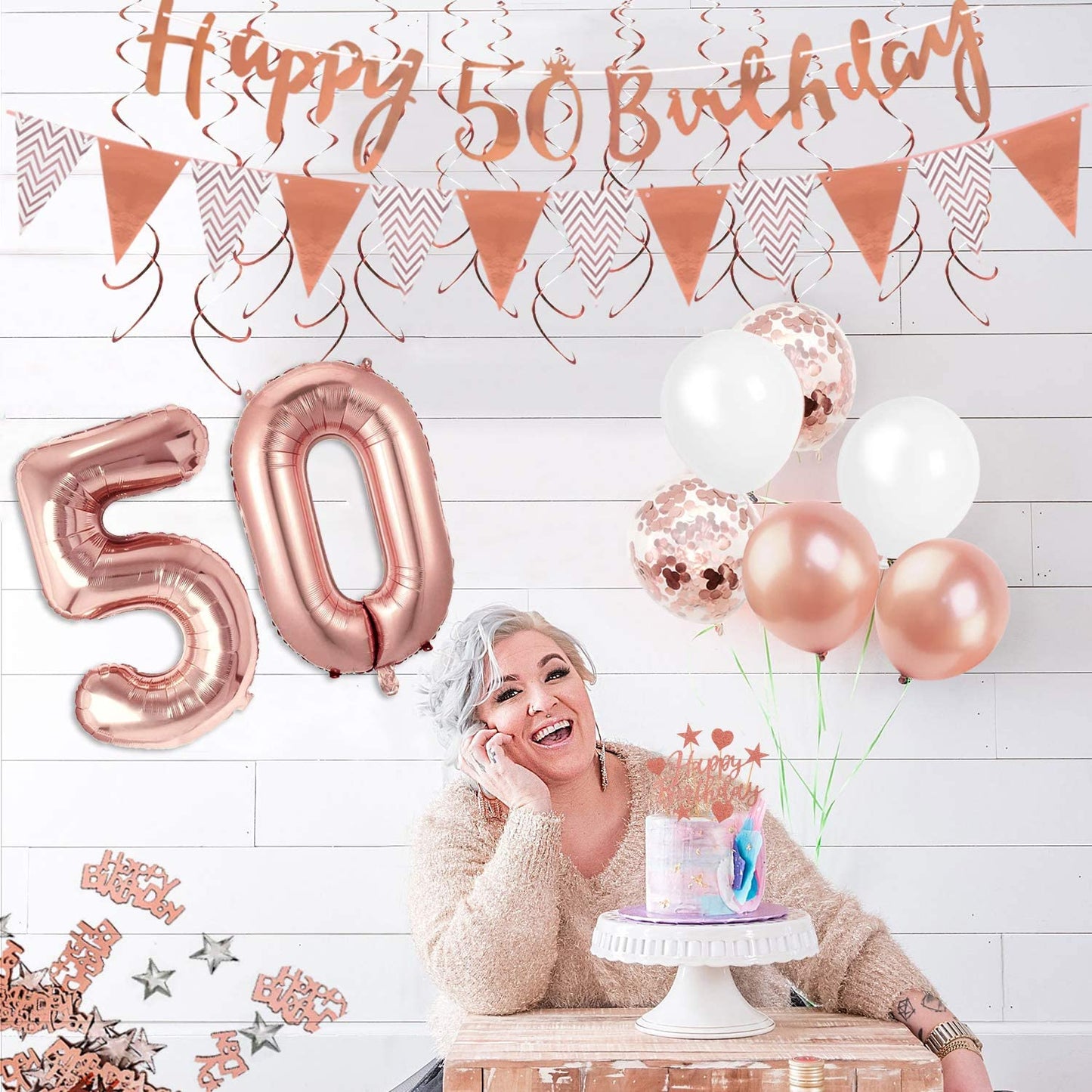 Humairc 50th Rose Gold Birthday Decorations, 50th Happy Birthday Banner Triangle Flag Banners 6pcs Hanging Swirl, Number 50 Balloons 8pcs Latex Balloons Cake Toppers Table Confetti for Women