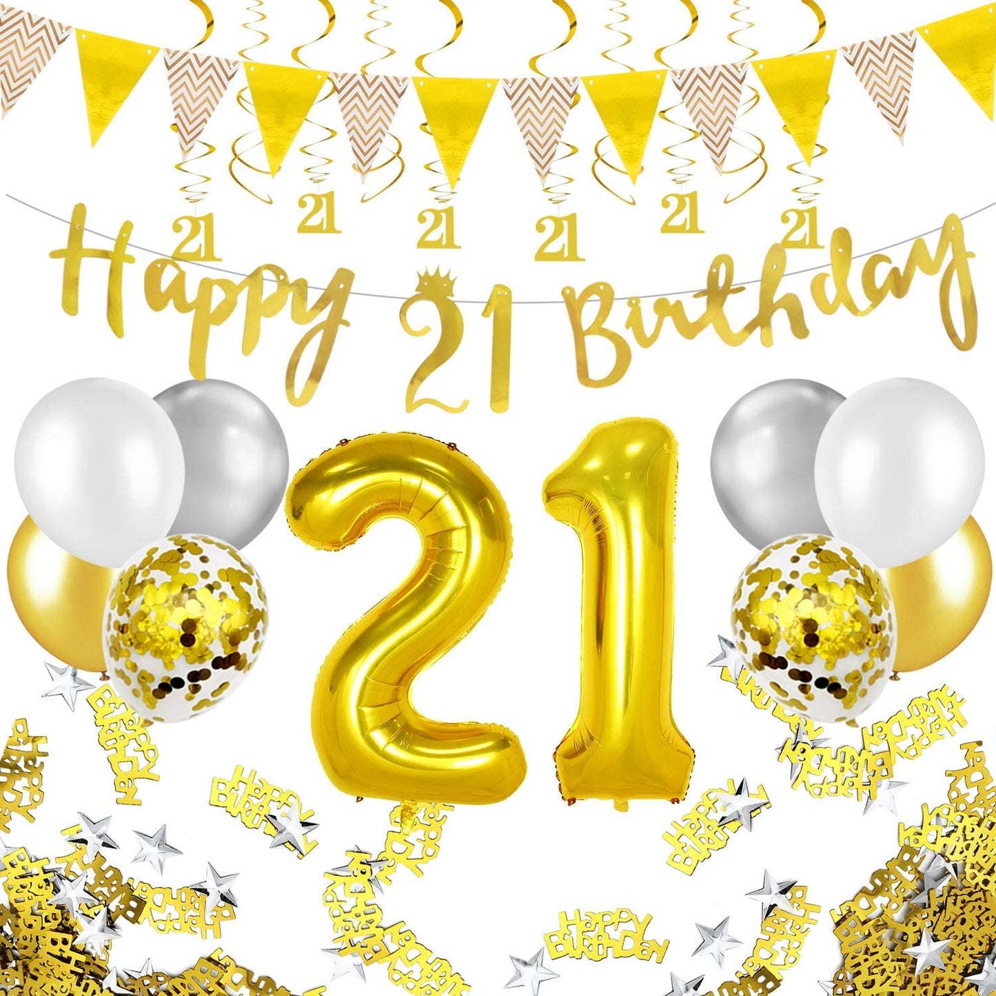 Humairc 21st Gold White Birthday Decorations, 21st Happy Birthday Banner Triangle Flag Banners 6pcs Nunber Hanging Swirl, Number 21 Balloons 8pcs Latex Balloons Table Confetti - Man Woman Boys