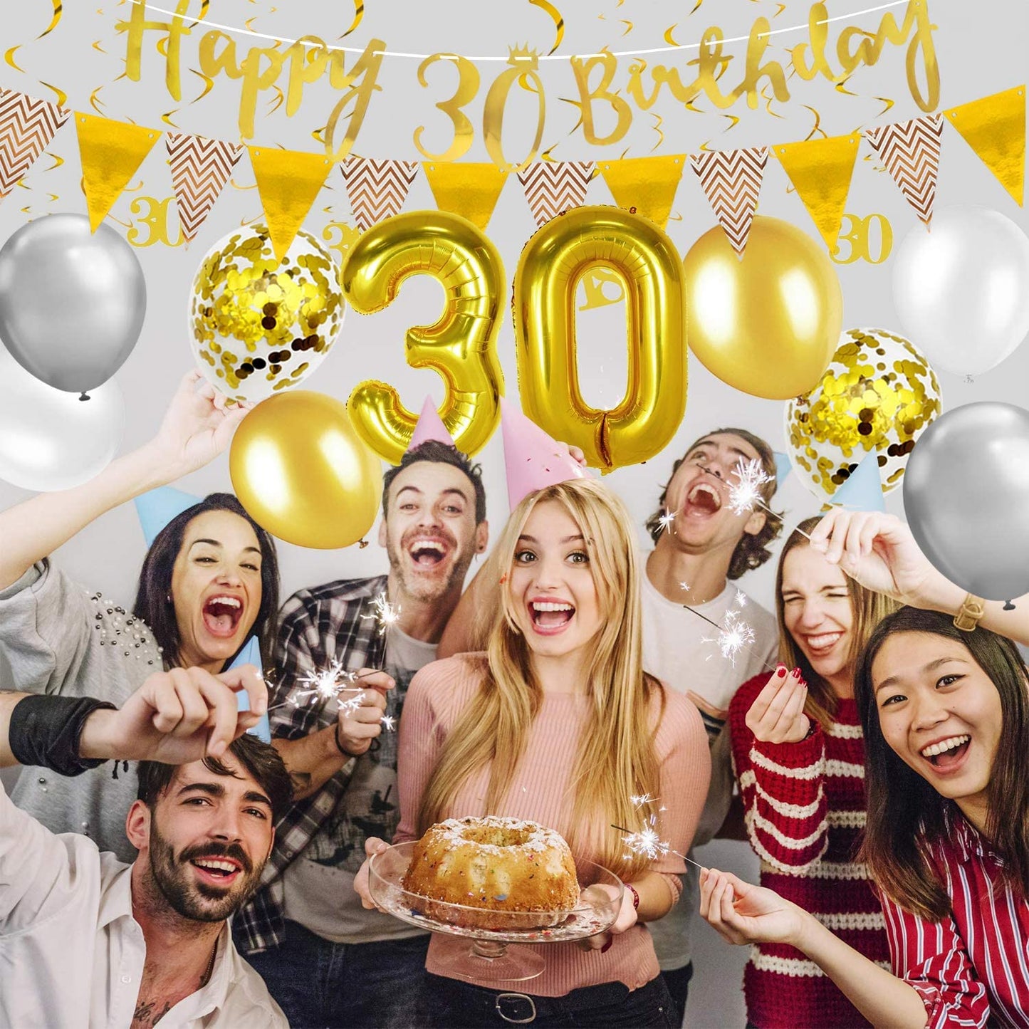 Humairc 30th Gold White Birthday Decorations, 30th Happy Birthday Banner Triangle Flag Banners 6pcs Nunber Hanging Swirl, Number 30 Balloons 8pcs Latex Confetti Balloons Table Confetti-Man Lady