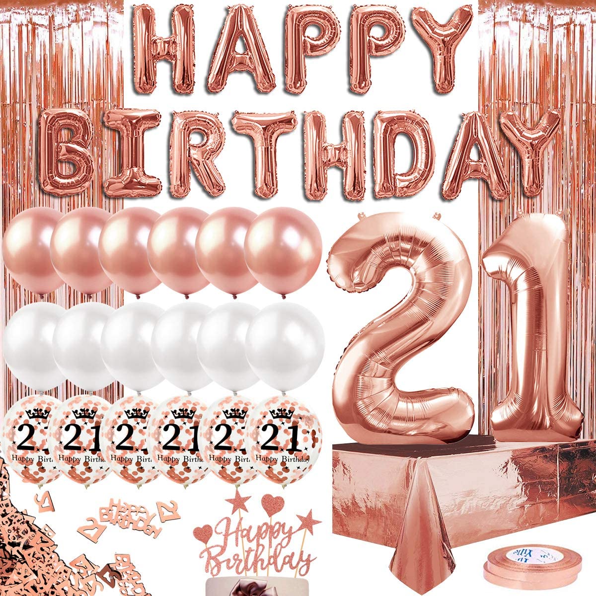 Humairc 21st Rose Gold Birthday Party Decoration for Girls Happy Birthday Banner Number 18 40inch 2 Fringe Curtain Foil Tablecloth Confetti Balloon Cake Topper Table Confetti Anniversary