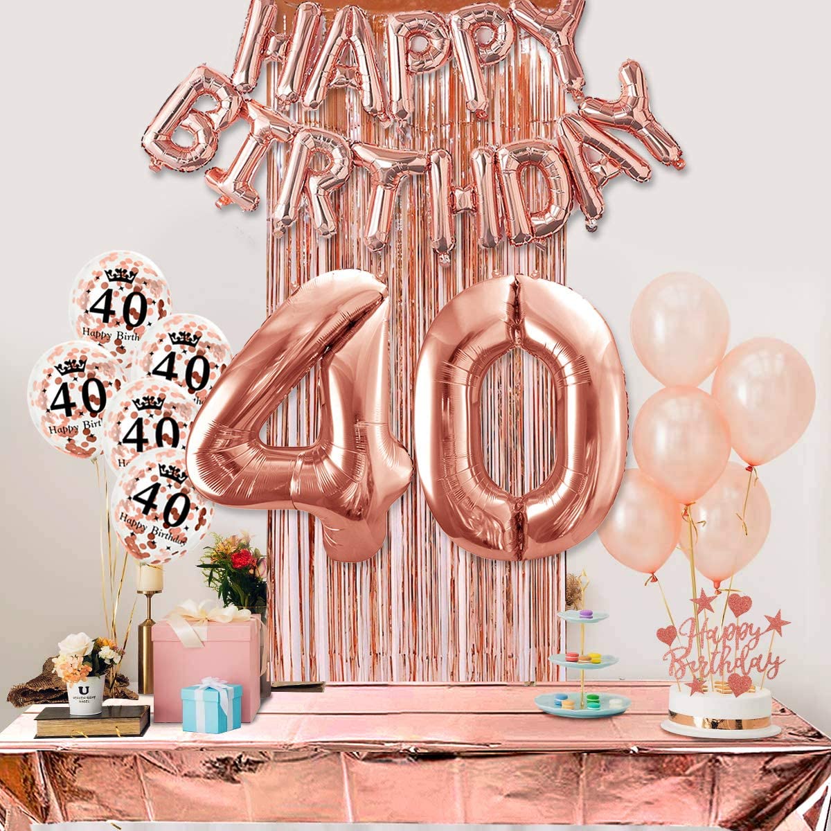 Humairc 40th Rose Gold Birthday Party Decoration for Girls Happy Birthday Banner Balloon 40 40inch 2 Fringe Curtain Foil Tablecloth Confetti Balloon Cake Topper Table Confetti Anniversary