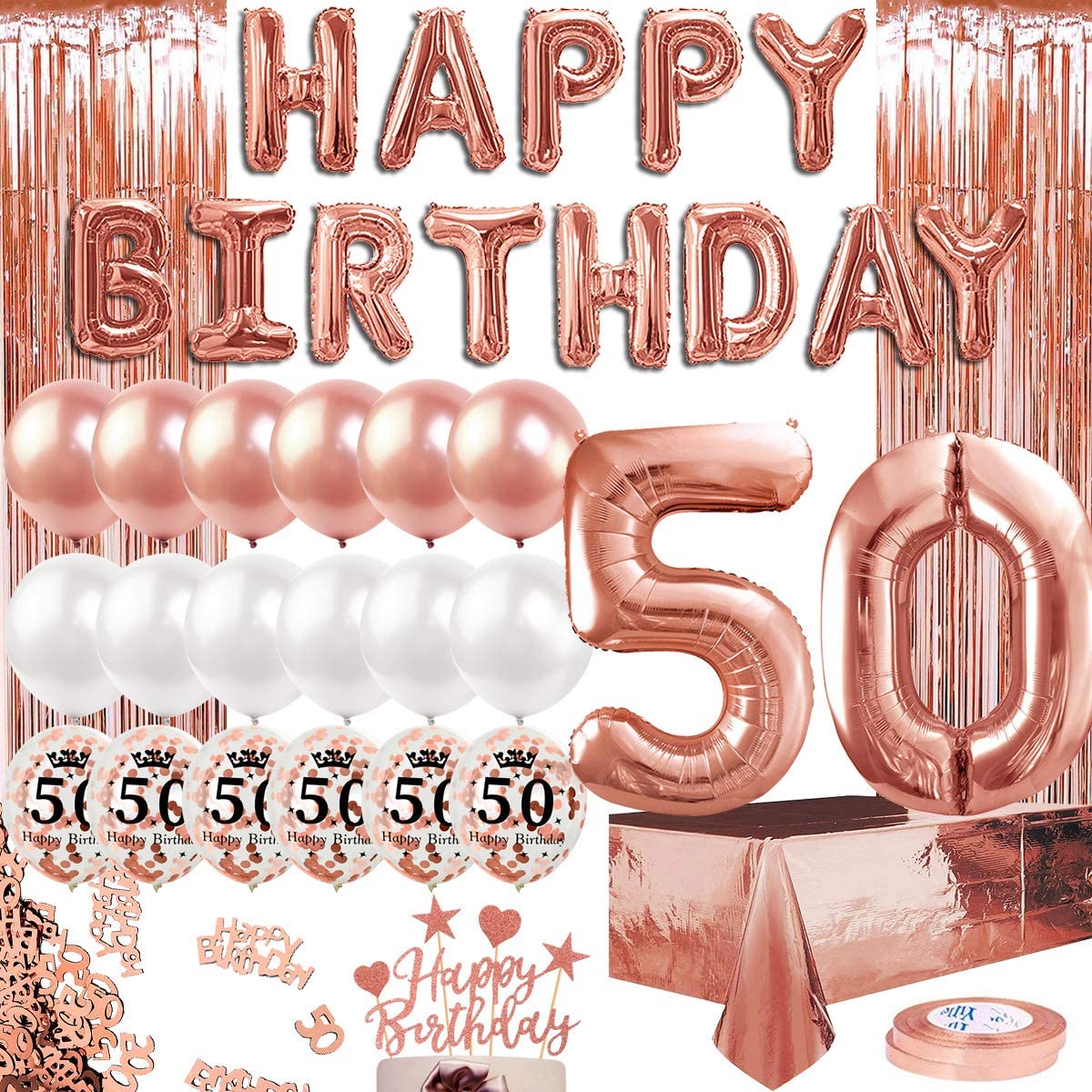 Humairc 50th Rose Gold Birthday Party Decoration for Girls Happy Birthday Banner Number 50 40inch 2 Fringe Curtain Foil Tablecloth Confetti Balloon Cake Topper Table Confetti Anniversary