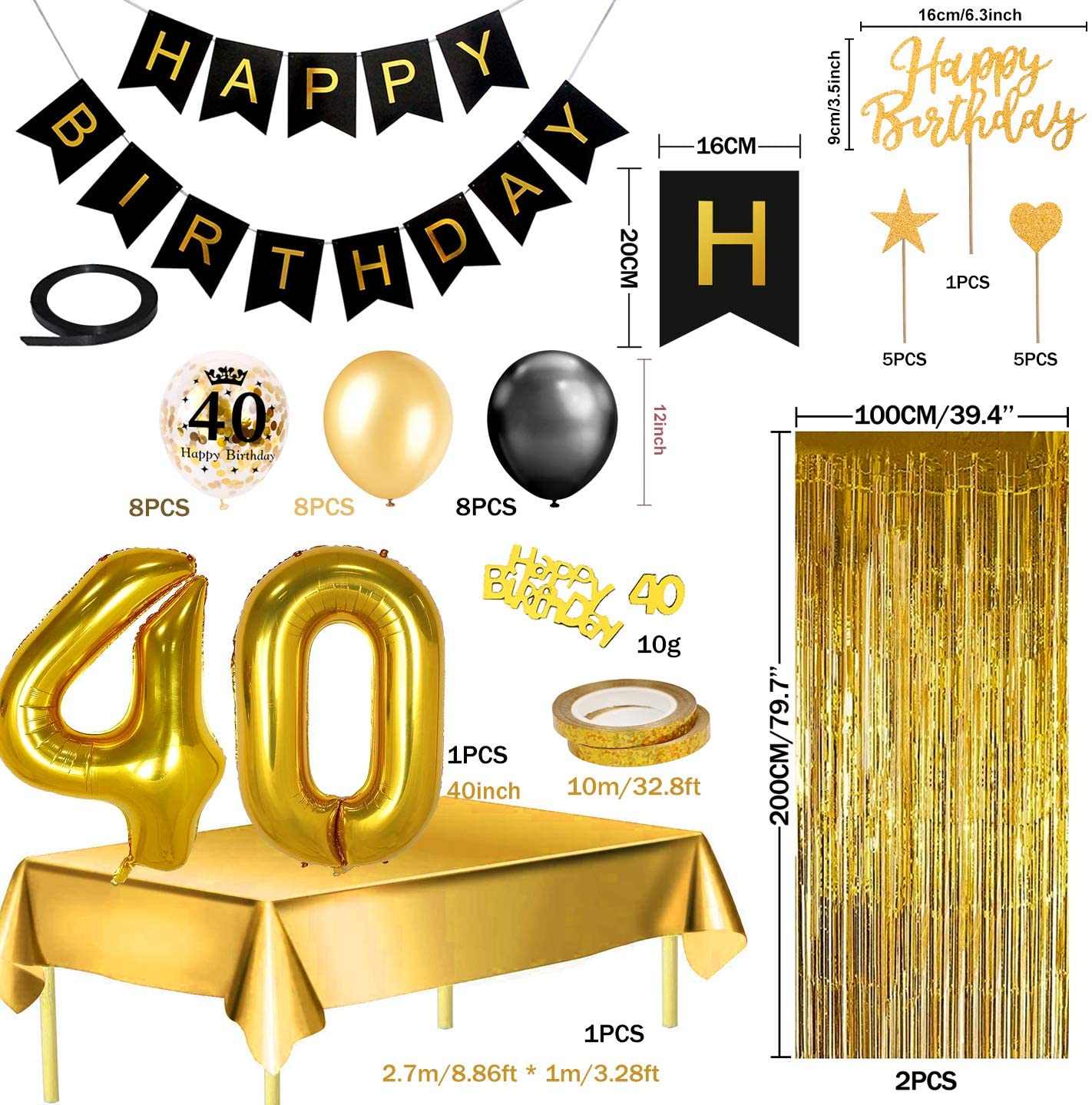 Humairc 40th Black Gold Birthday Party Decoration Happy Birthday Banner Balloon 40 40inch 2 Fringe Curtain Foil Tablecloth Confetti Balloon Cake Topper Table Confetti Kids Adult Man Woman