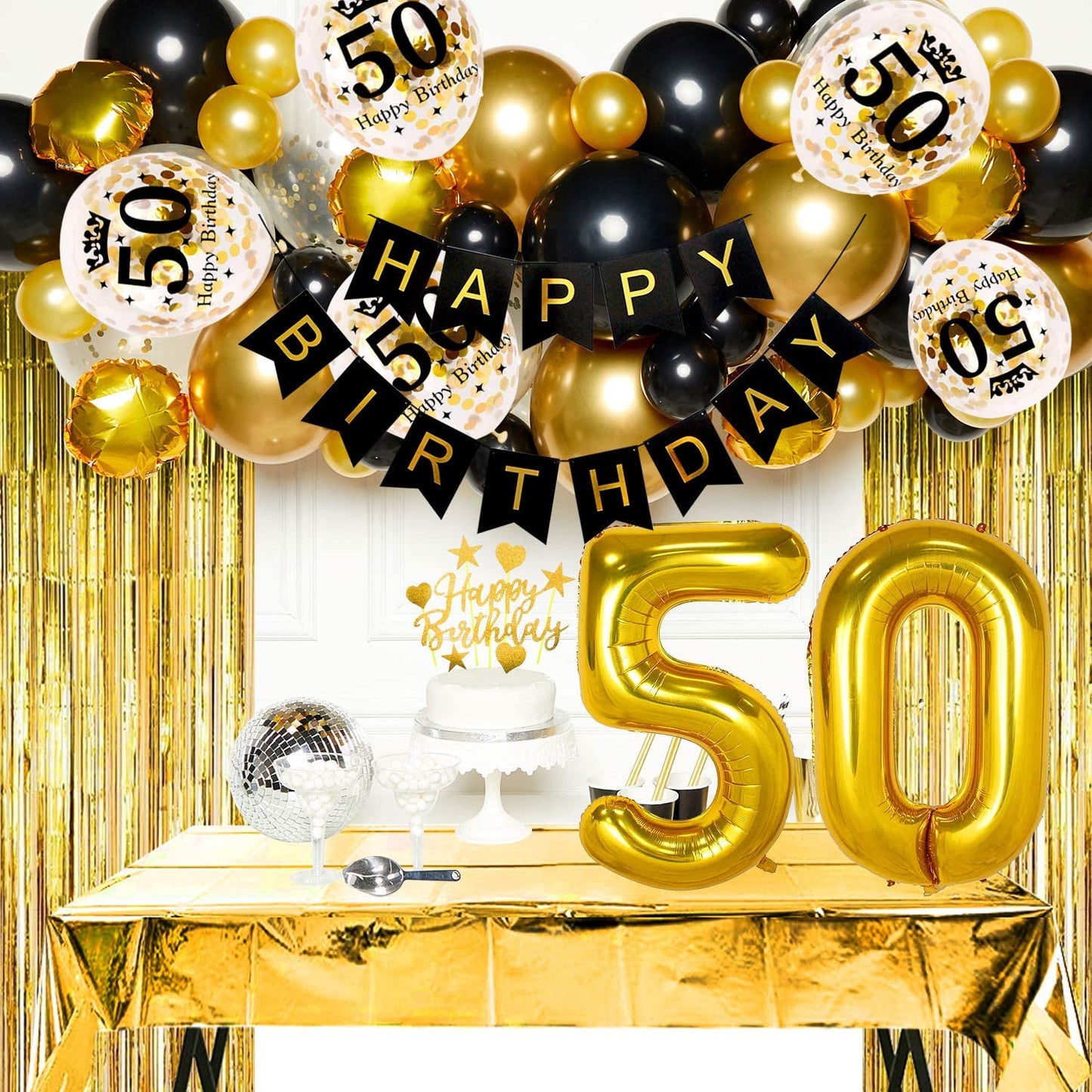 Humairc 50th Black Gold Birthday Party Decoration Happy Birthday Banner Balloon 50 40inch 2 Fringe Curtain Foil Tablecloth Confetti Balloon Cake Topper Table Confetti Kids Adult Man Woman