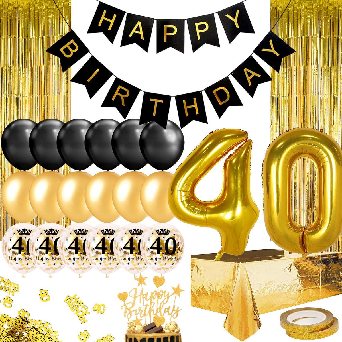 Humairc 40th Black Gold Birthday Party Decoration Happy Birthday Banner Balloon 40 40inch 2 Fringe Curtain Foil Tablecloth Confetti Balloon Cake Topper Table Confetti Kids Adult Man Woman