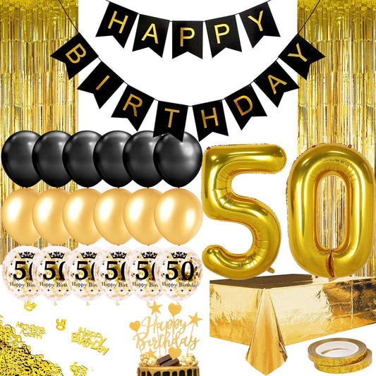 Humairc 50th Black Gold Birthday Party Decoration Happy Birthday Banner Balloon 50 40inch 2 Fringe Curtain Foil Tablecloth Confetti Balloon Cake Topper Table Confetti Kids Adult Man Woman