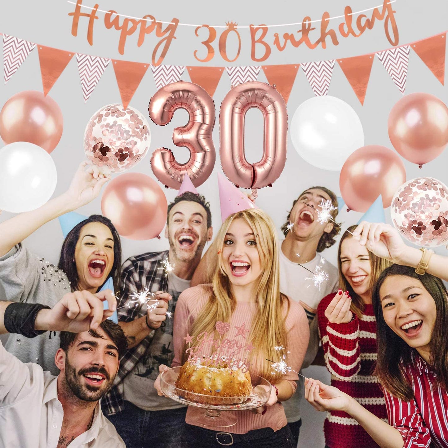 Humairc 30th Rose Gold Birthday Decorations, 30th Happy Birthday Banner Triangle Flag Banners 6pcs Hanging Swirl, Number 30 Balloons 8pcs Latex Balloons Cake Toppers Table Confetti for Women