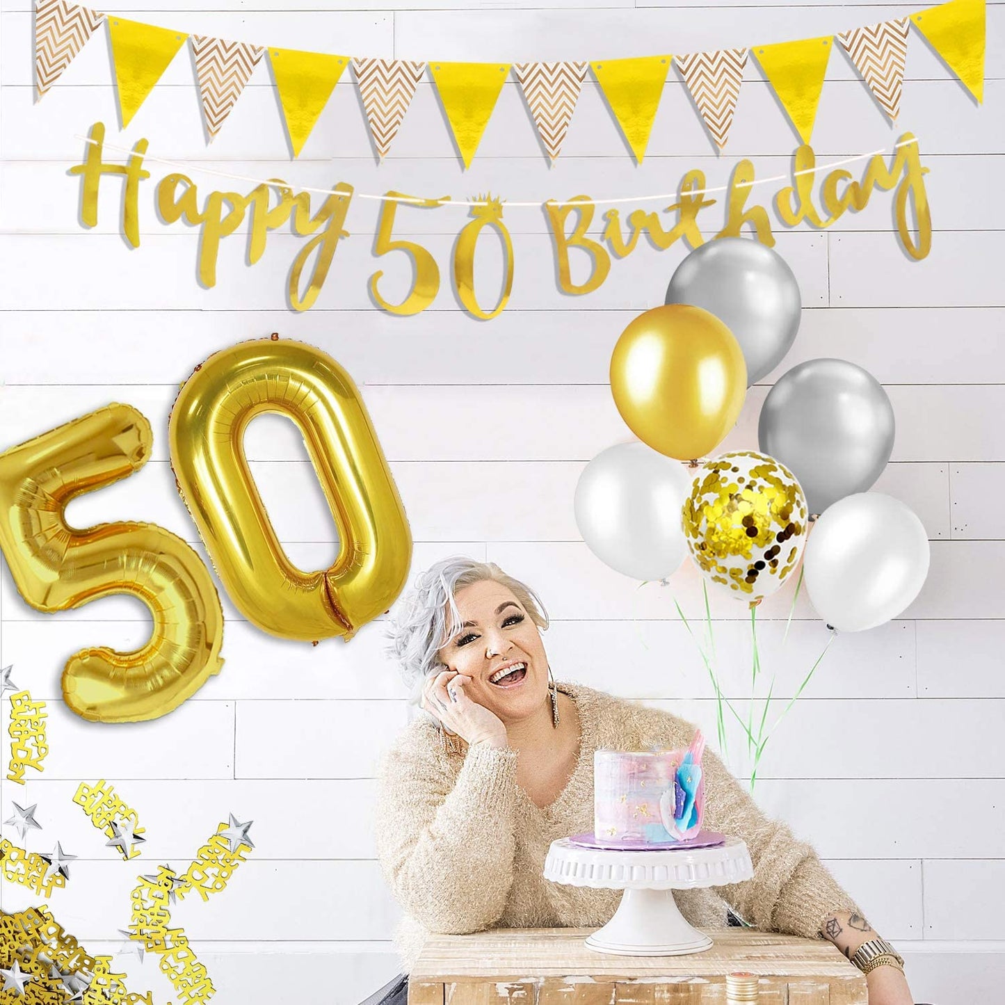 Humairc 50th Gold White Birthday Decorations, 50th Happy Birthday Banner Triangle Flag Banners 6pcs Nunber Hanging Swirl, Number 50 Balloons 8pcs Latex Confetti Balloons Table Confetti-Man Lady